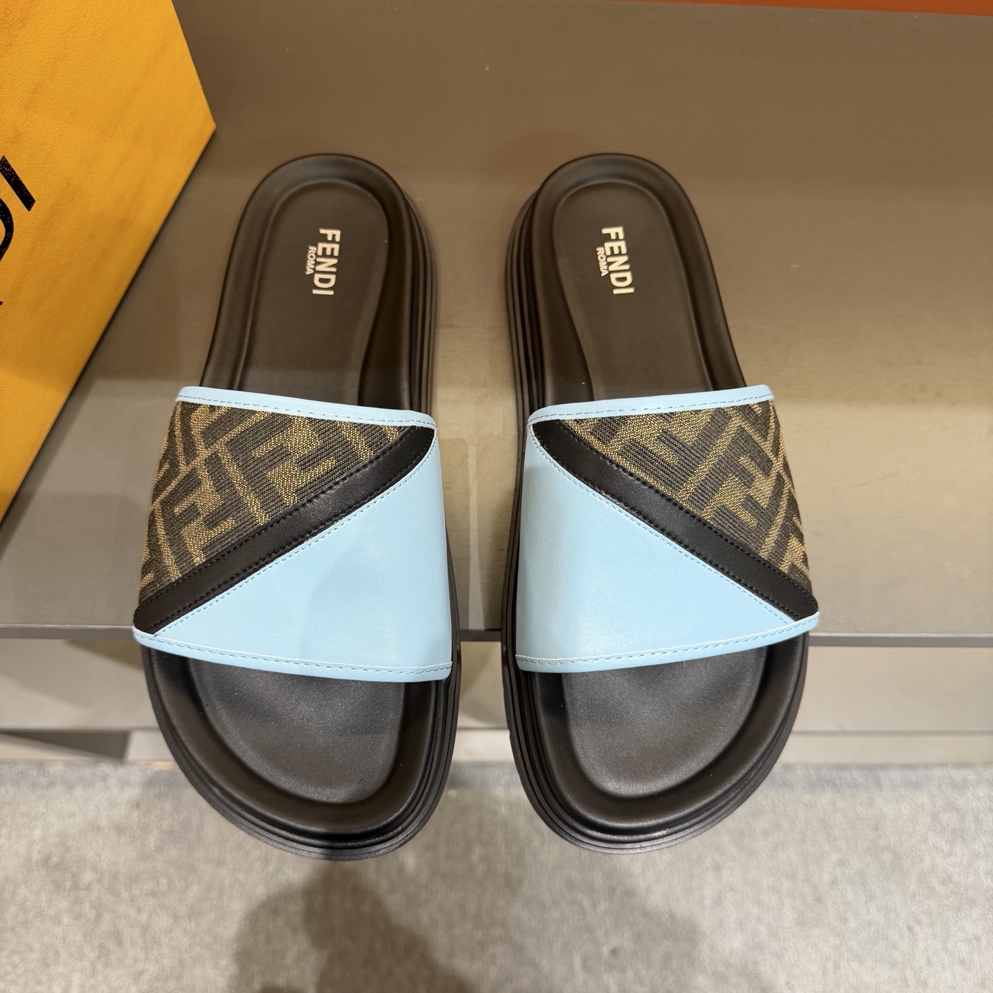 FENDI Roma Light Blue Logo-Panel Slide Sandals