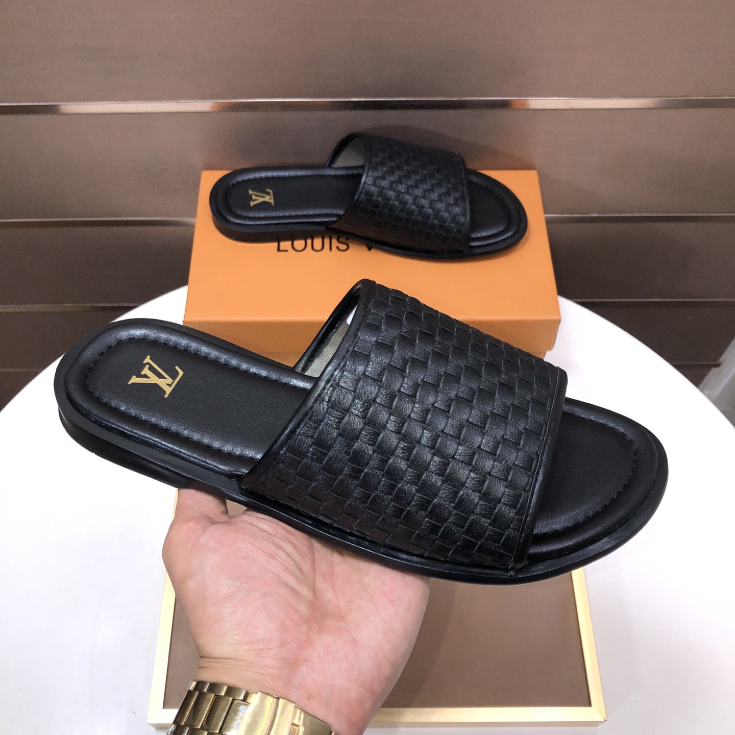 LV Woven-Strap Slide Sandals