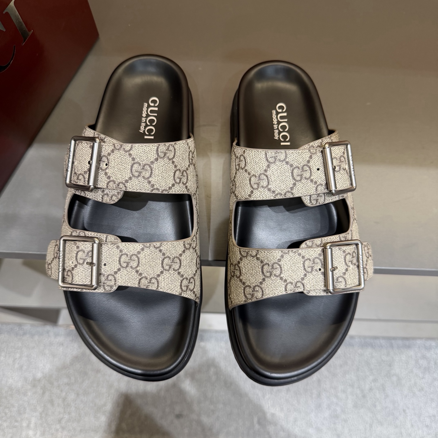 GUCCI Beige GG Double-Buckle Slide Sandals