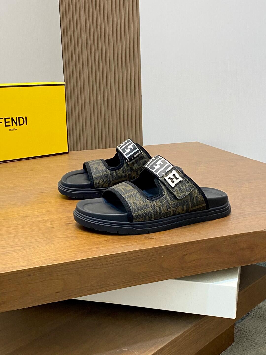 FENDI Brown Monogram Two-Strap Slide Sandals