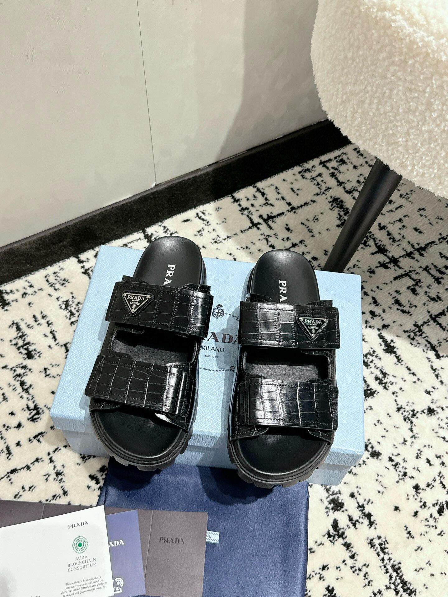 Prada Crocodile-Embossed Double-Strap Slide Sandals