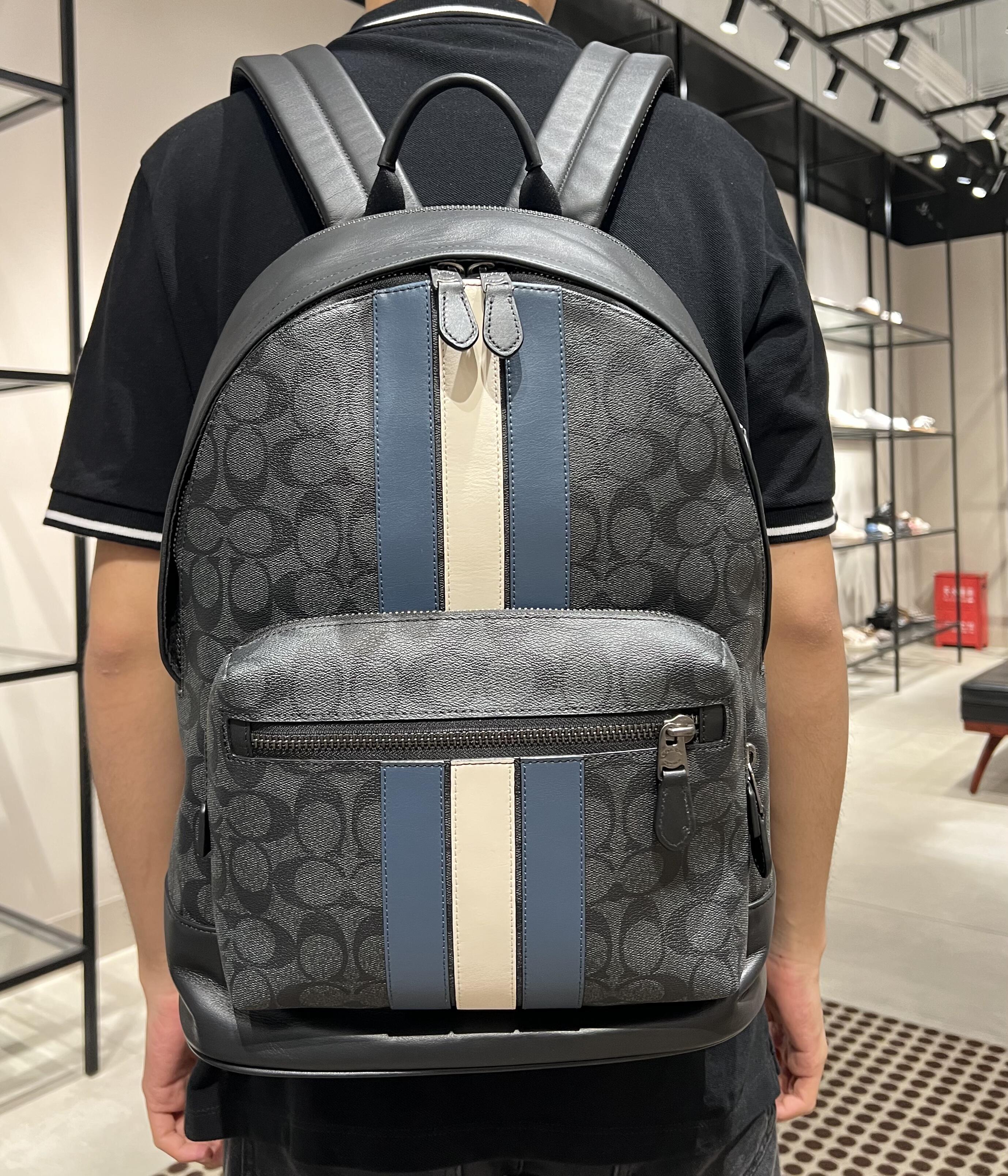 COACH Charcoal Signature Striped Backpack