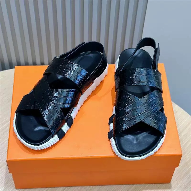 Black Crocodile-Embossed Cross-Strap Sandals