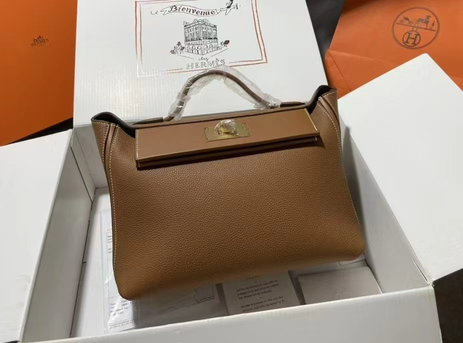 Brown Grained Top-Handle Handbag