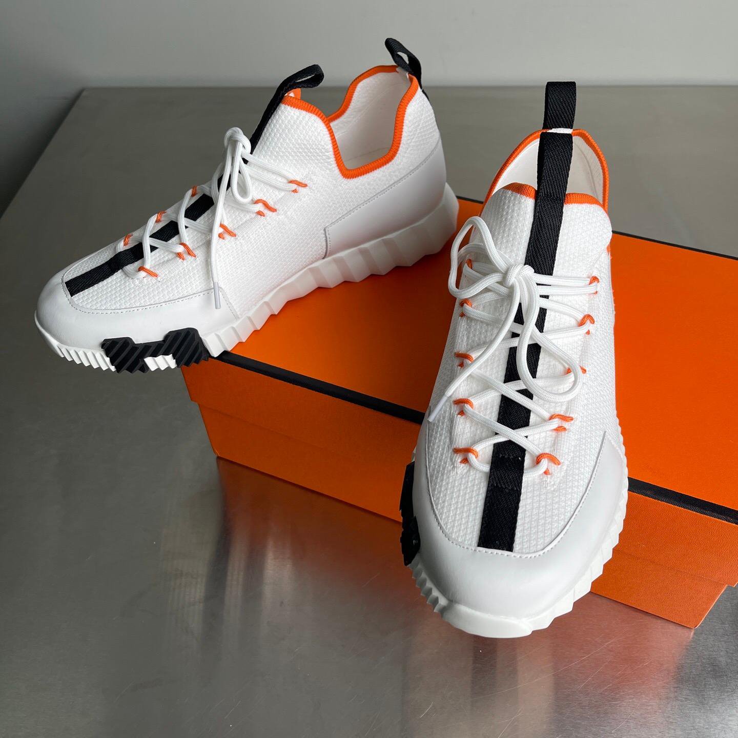 White Knit Sneakers with Orange Trim
