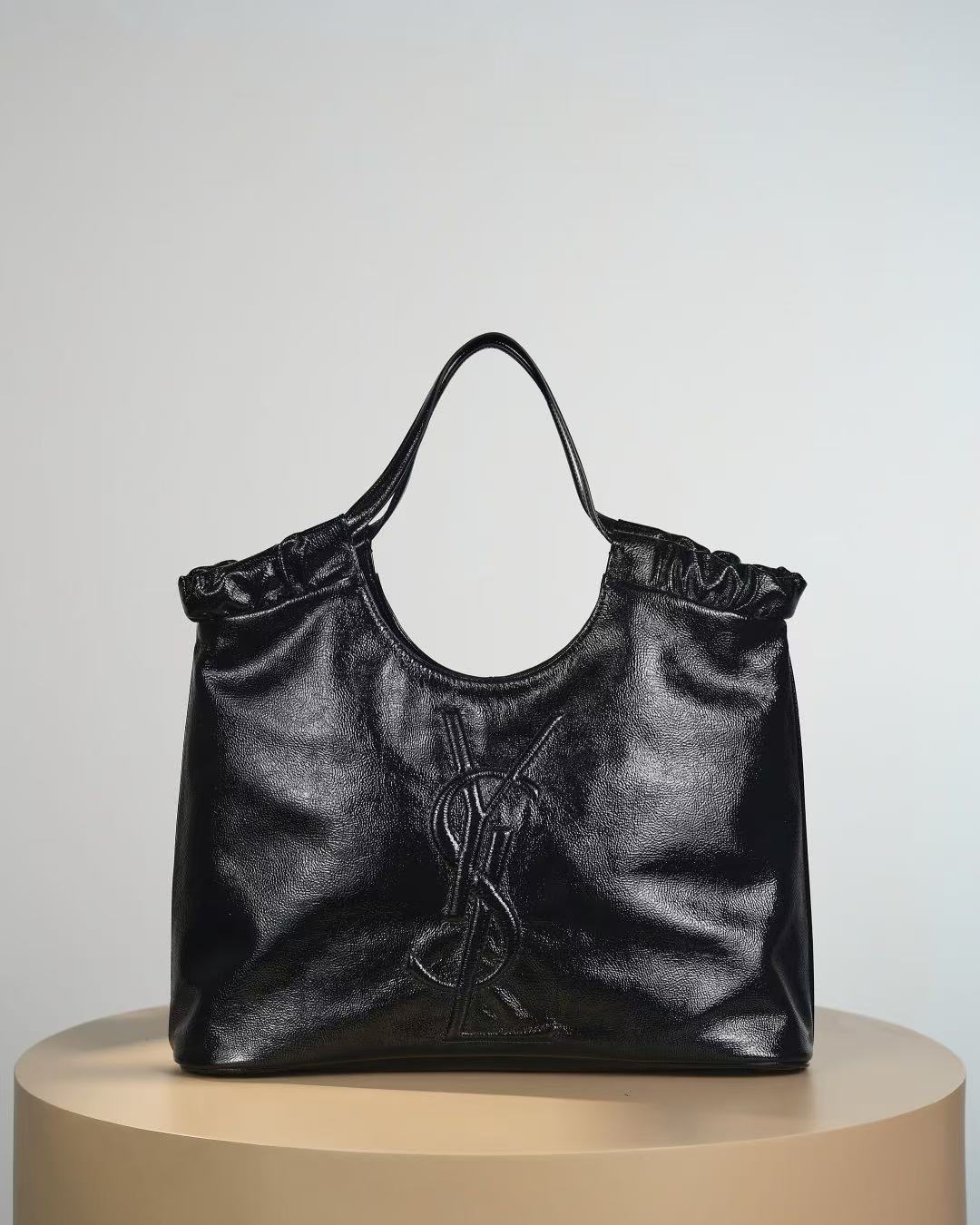 YSL-Style Ruched Tote Bag - Black