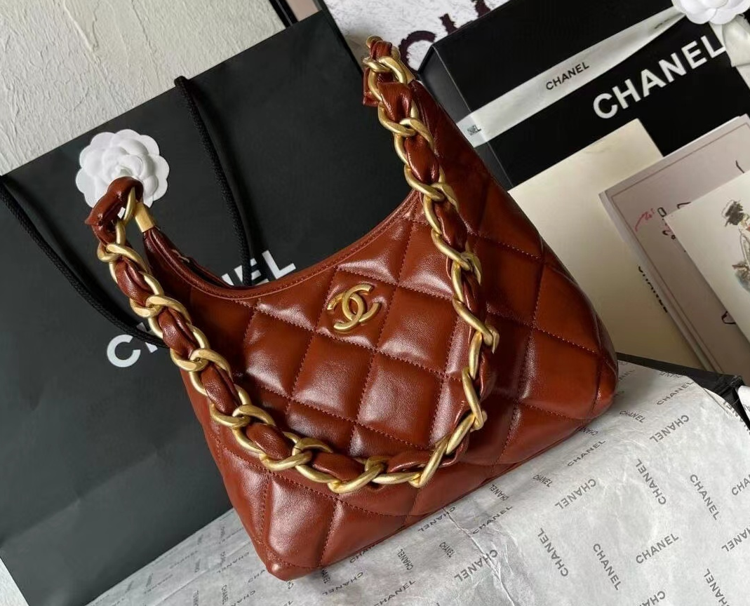 Quilted Chain-Handle Hobo Bag - Brown