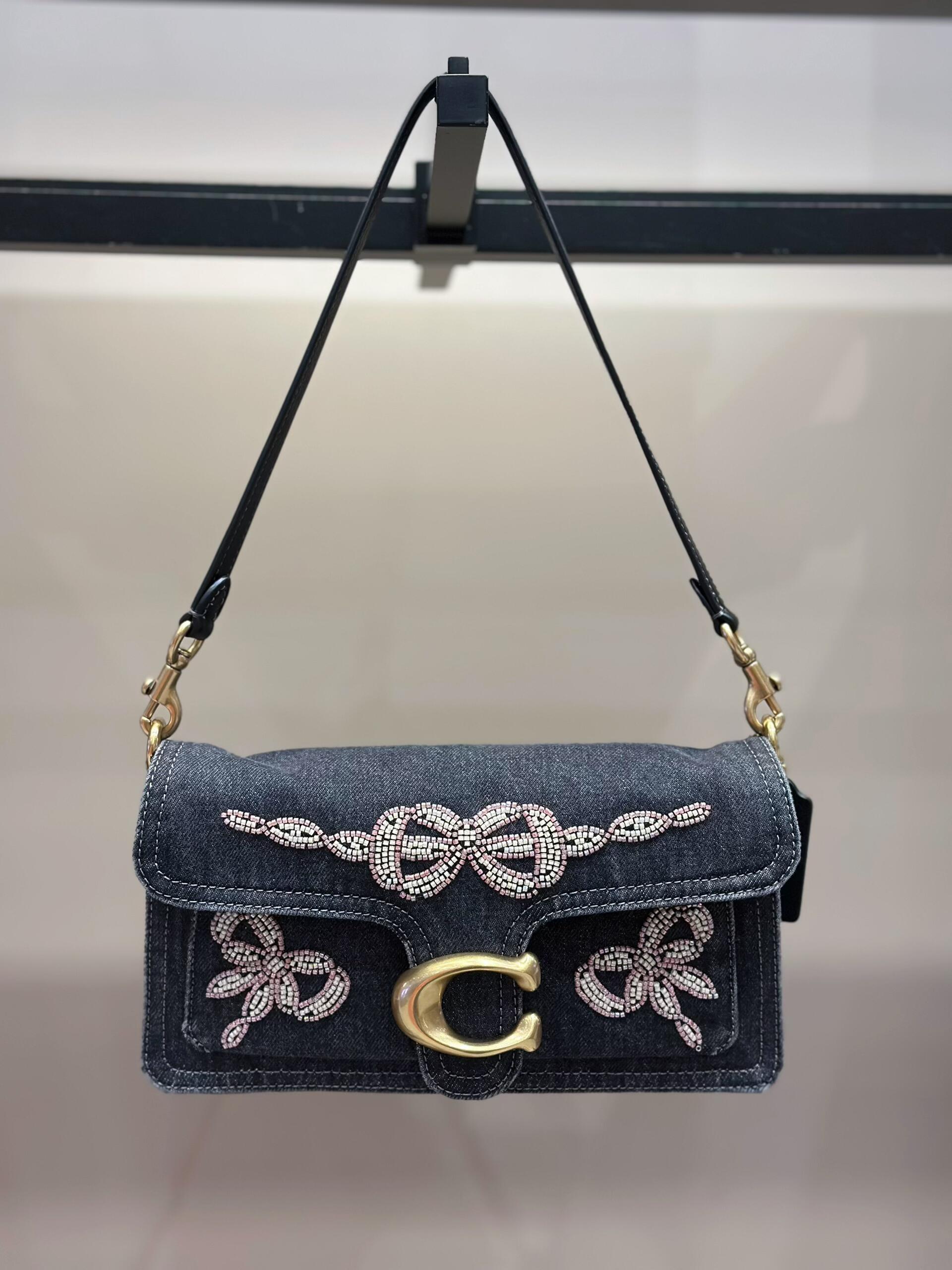 Beaded Bow Denim Shoulder Bag