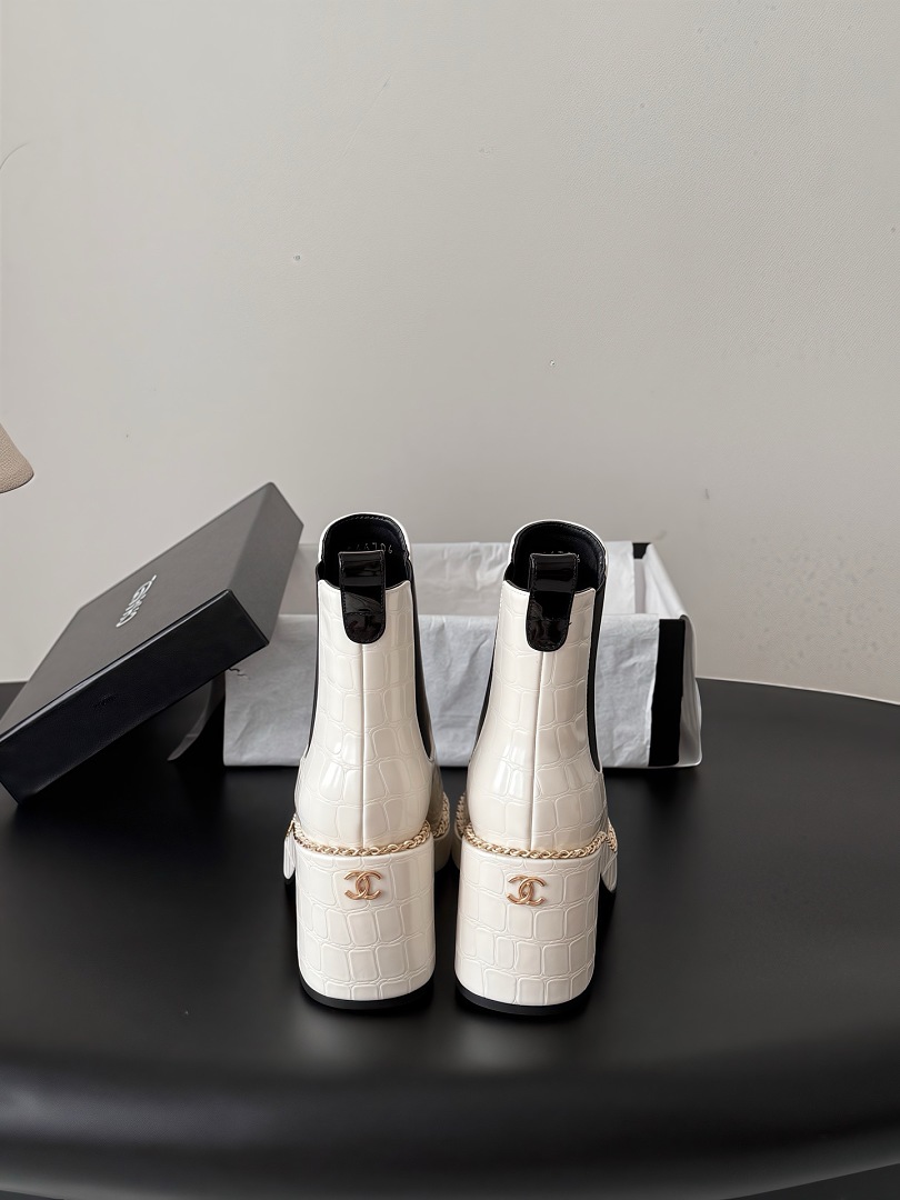 White Croc-Embossed Platform Ankle Boots