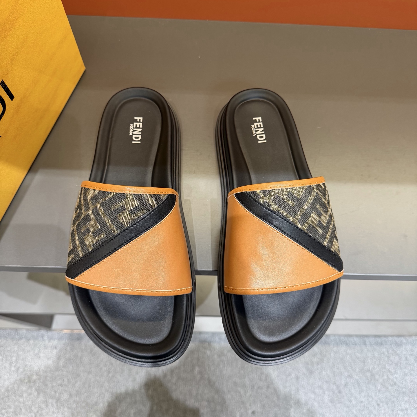 FENDI Roma Orange and Black Logo-Panel Slide Sandals