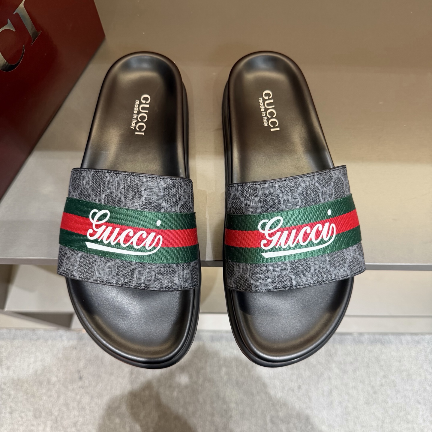 GUCCI GG Supreme Web Stripe Slide Sandals