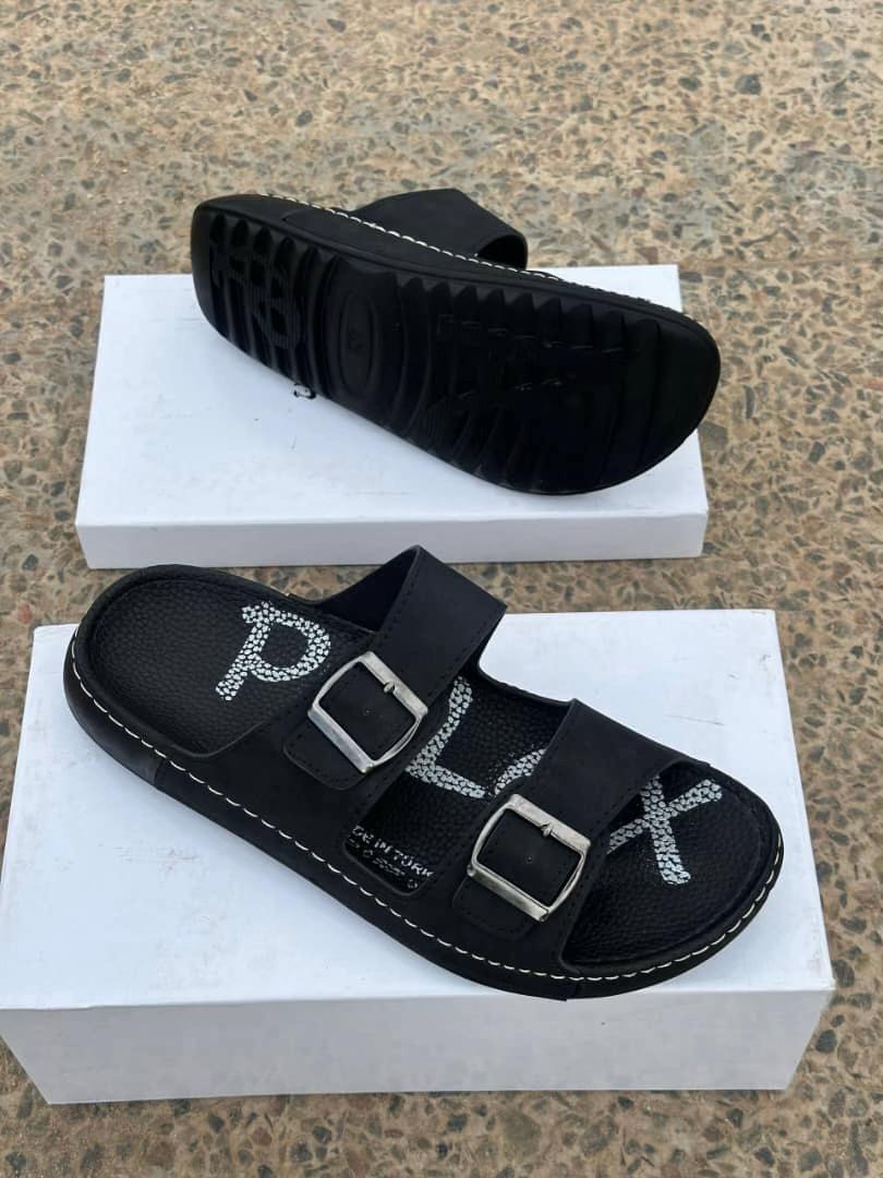 Men's Double-Buckle Black Slide Sandals