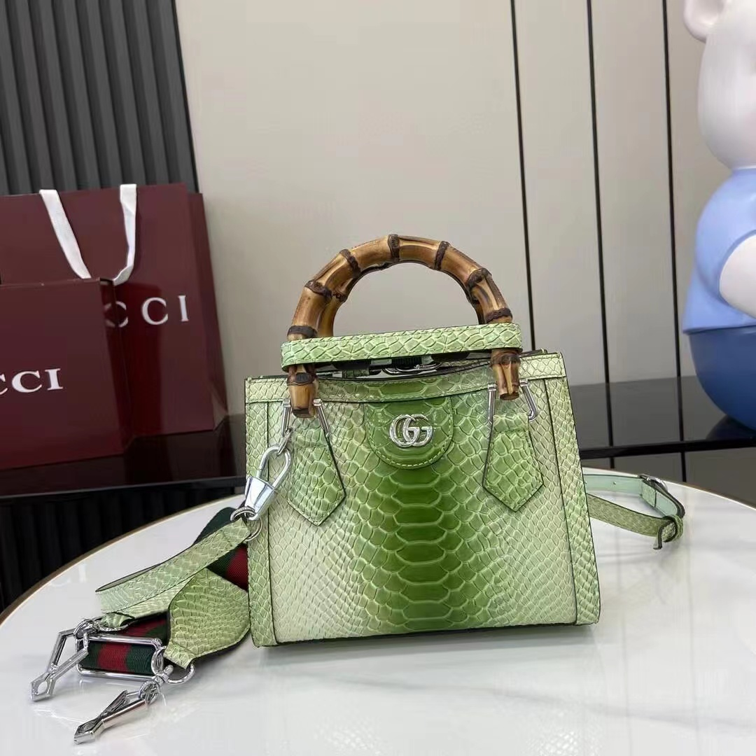 Gucci Green Python-Effect Bamboo Handle Bag