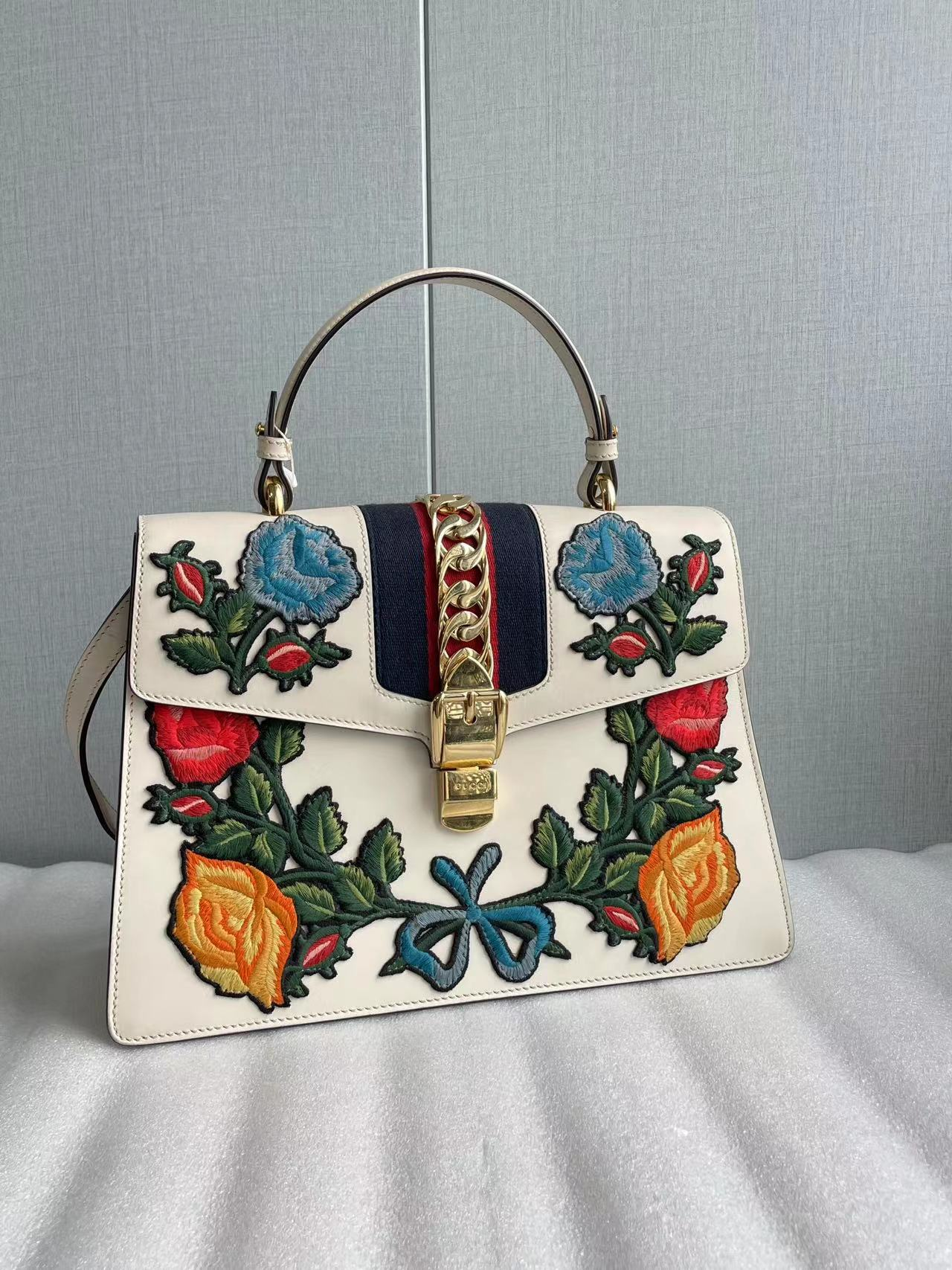 GUCCI Floral Embroidered Top Handle Bag