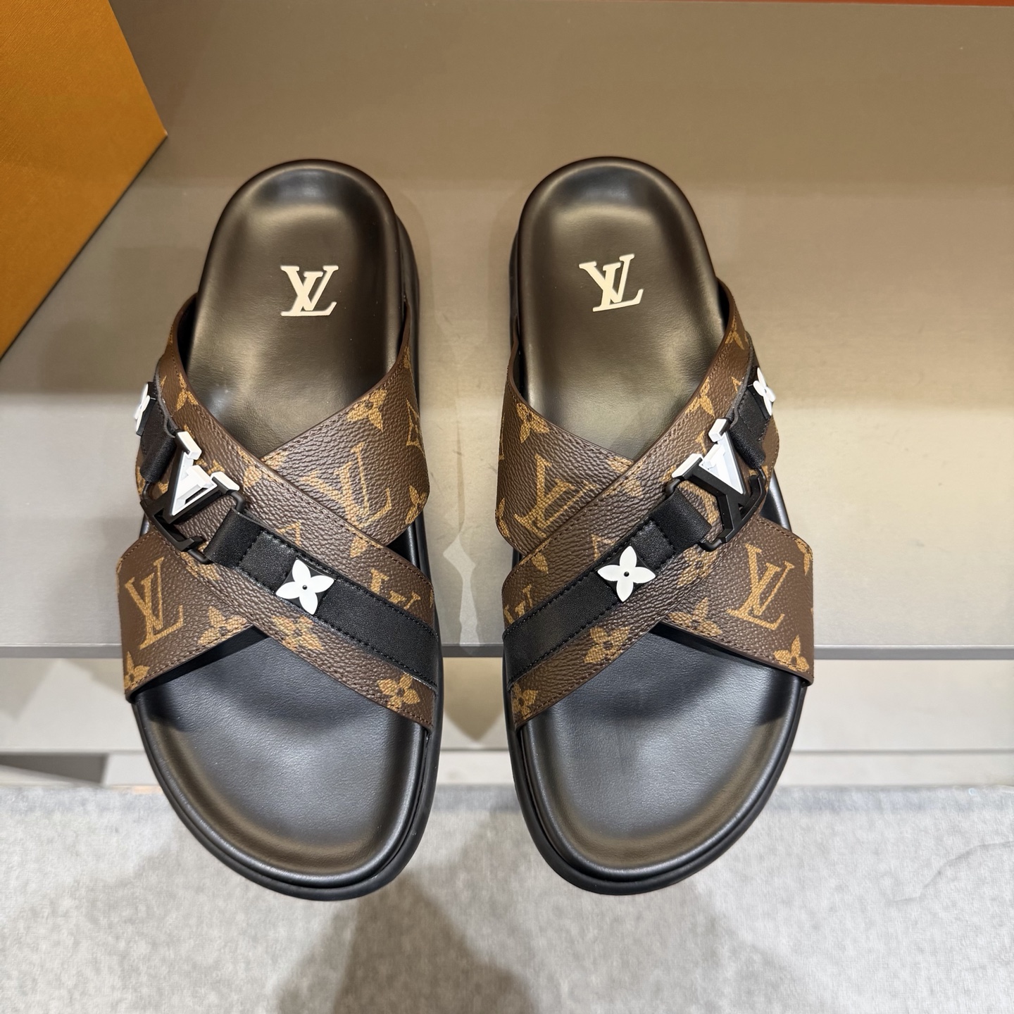 LV Brown Monogram Cross-Strap Slide Sandals