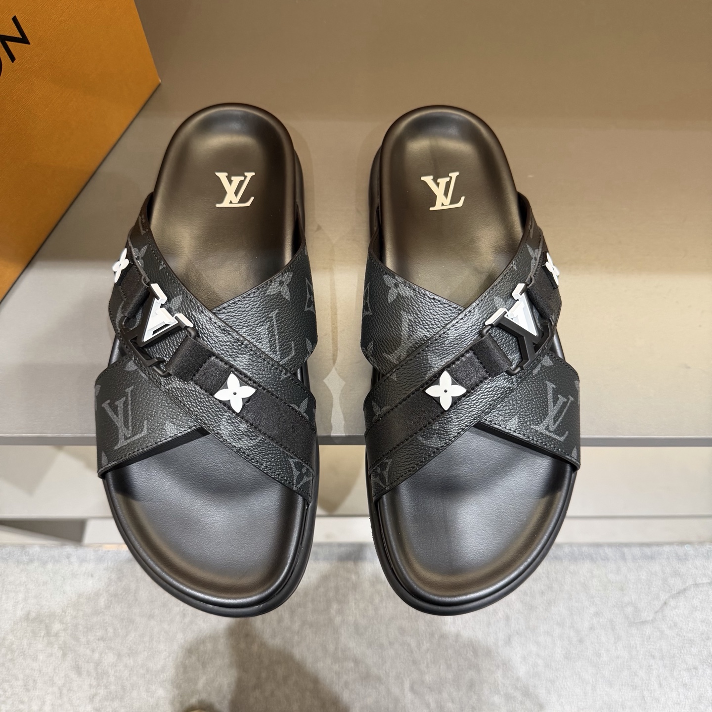LV Black and Gray Monogram Cross-Strap Slide Sandals