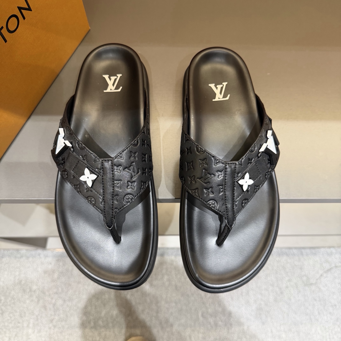 LV Black Embossed Monogram Thong Sandals