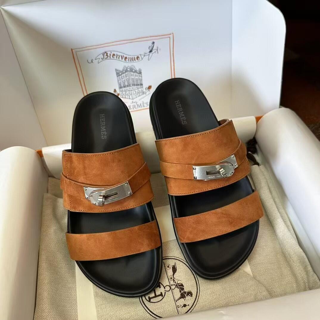 Hermès Men's Suede Triple-Strap Buckle Slide Sandals