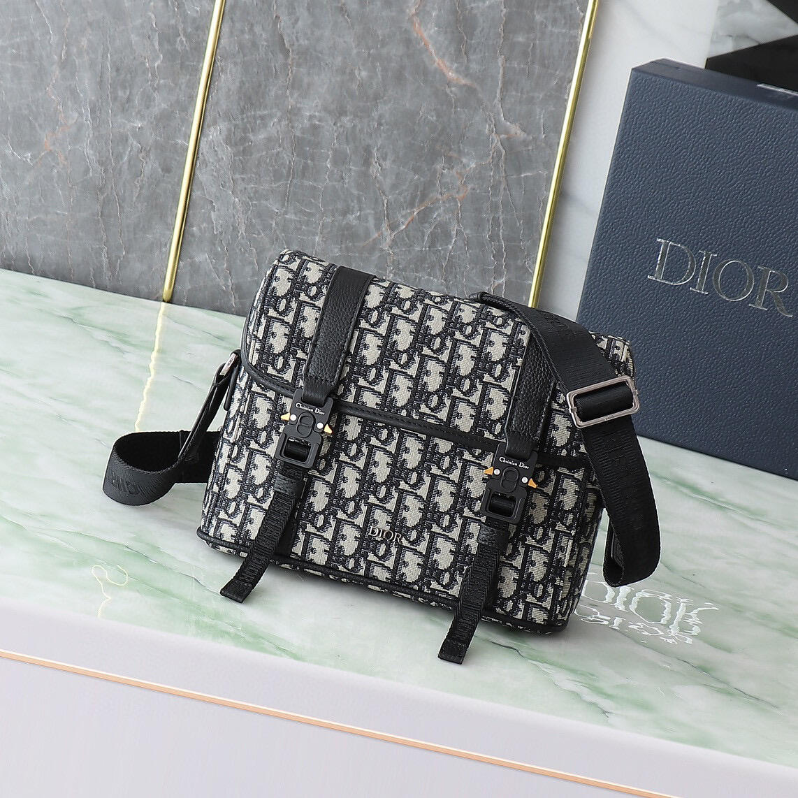 DIOR Beige and Black Oblique Double-Buckle Messenger Bag