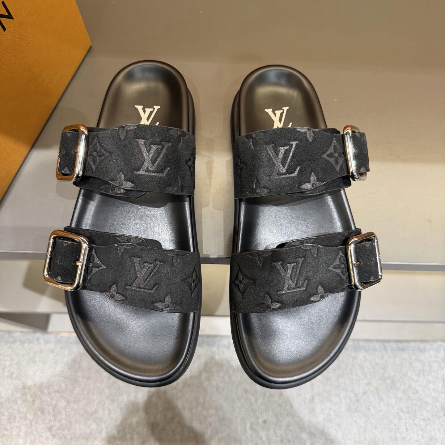 Black Tonal Monogram Side-Buckle Slide Sandals
