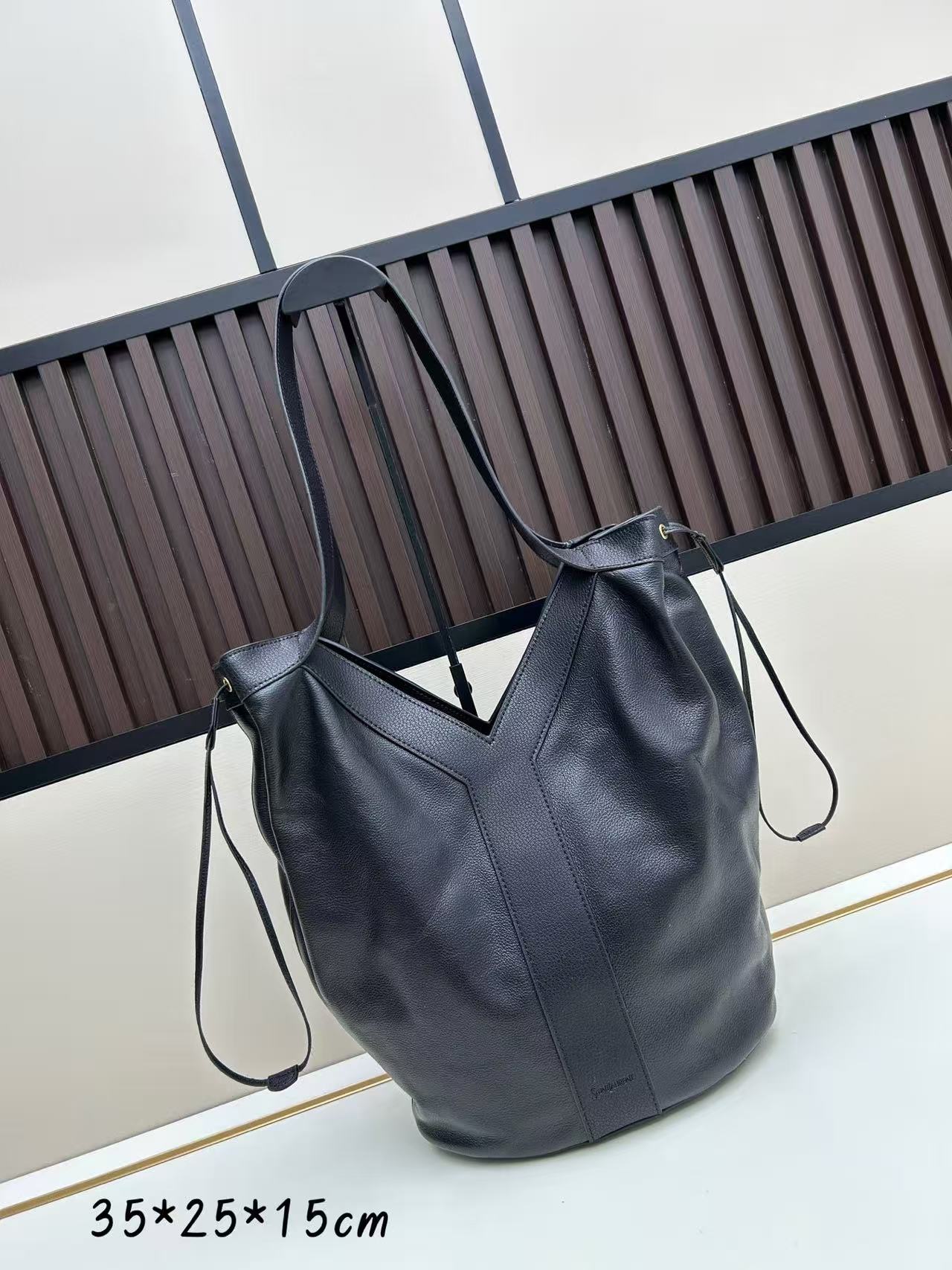 Black Textured Drawstring Tote Bag