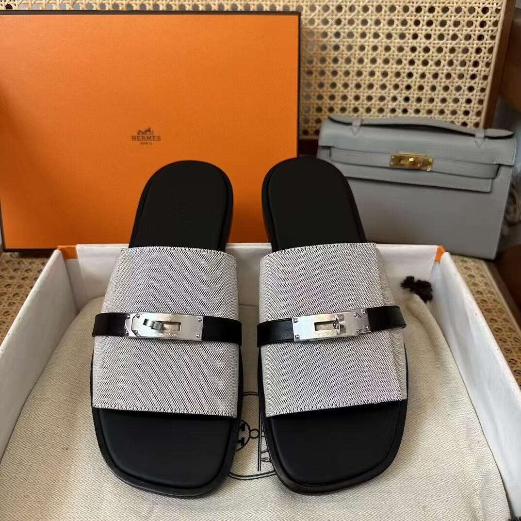 Hermès Gray Fabric Slide Sandals