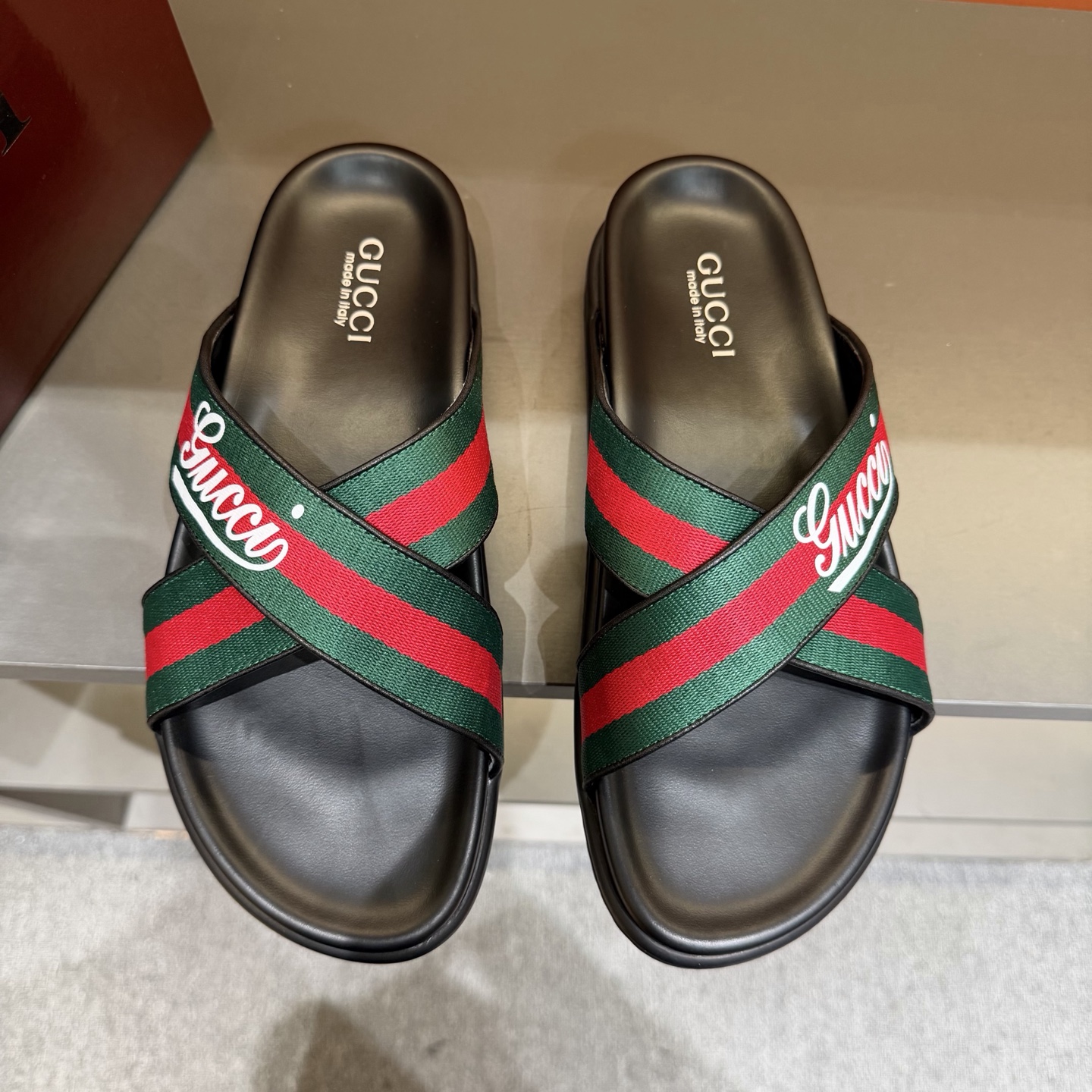 GUCCI Web Stripe Crossover Slide Sandals