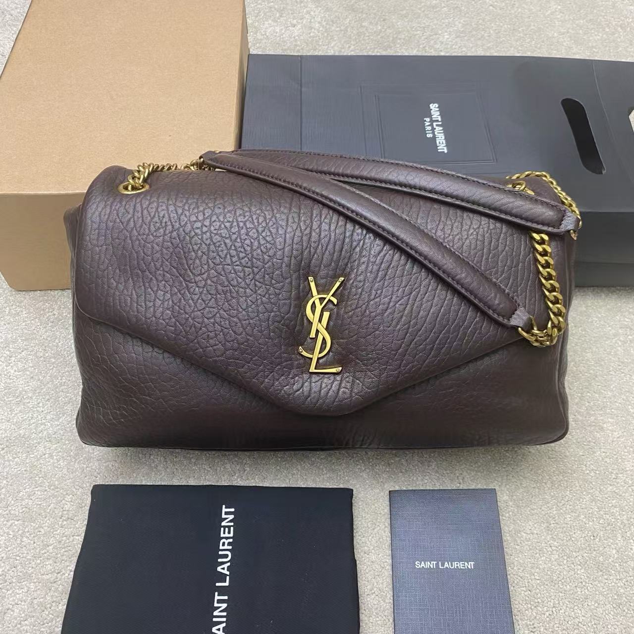 Saint Laurent-Style Envelope Shoulder Bag - Dark Brown