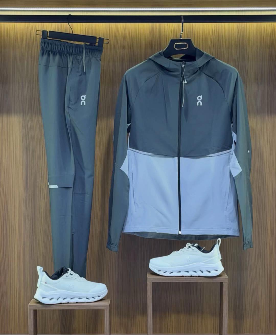 On Color-Block Hooded Tracksuit and White Running Shoes Set