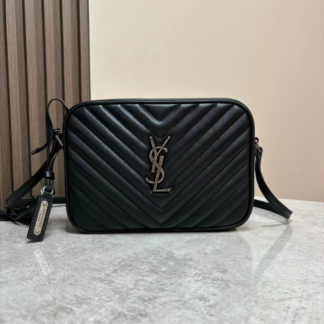 Saint Laurent Black Chevron Quilted Camera Bag