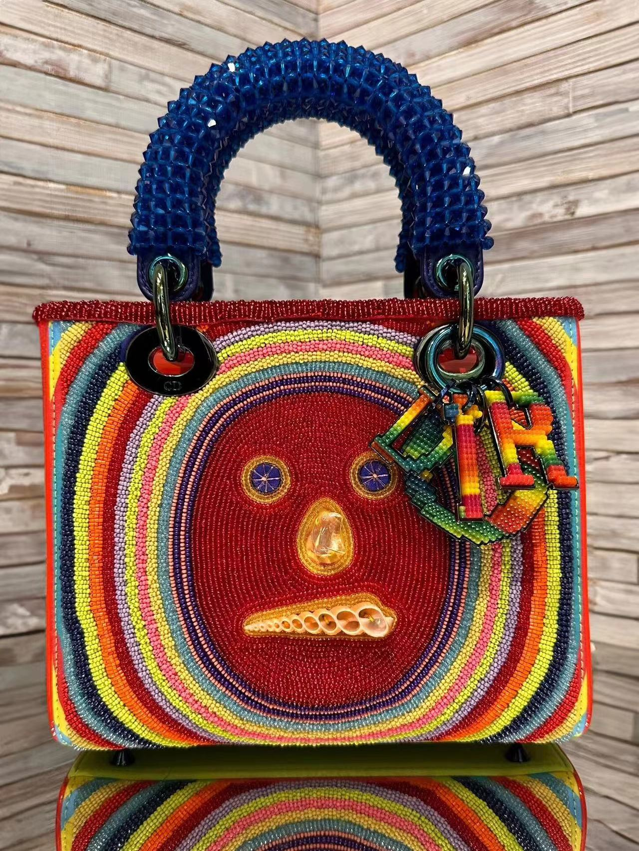 Multicolor Beaded Face Top-Handle Handbag