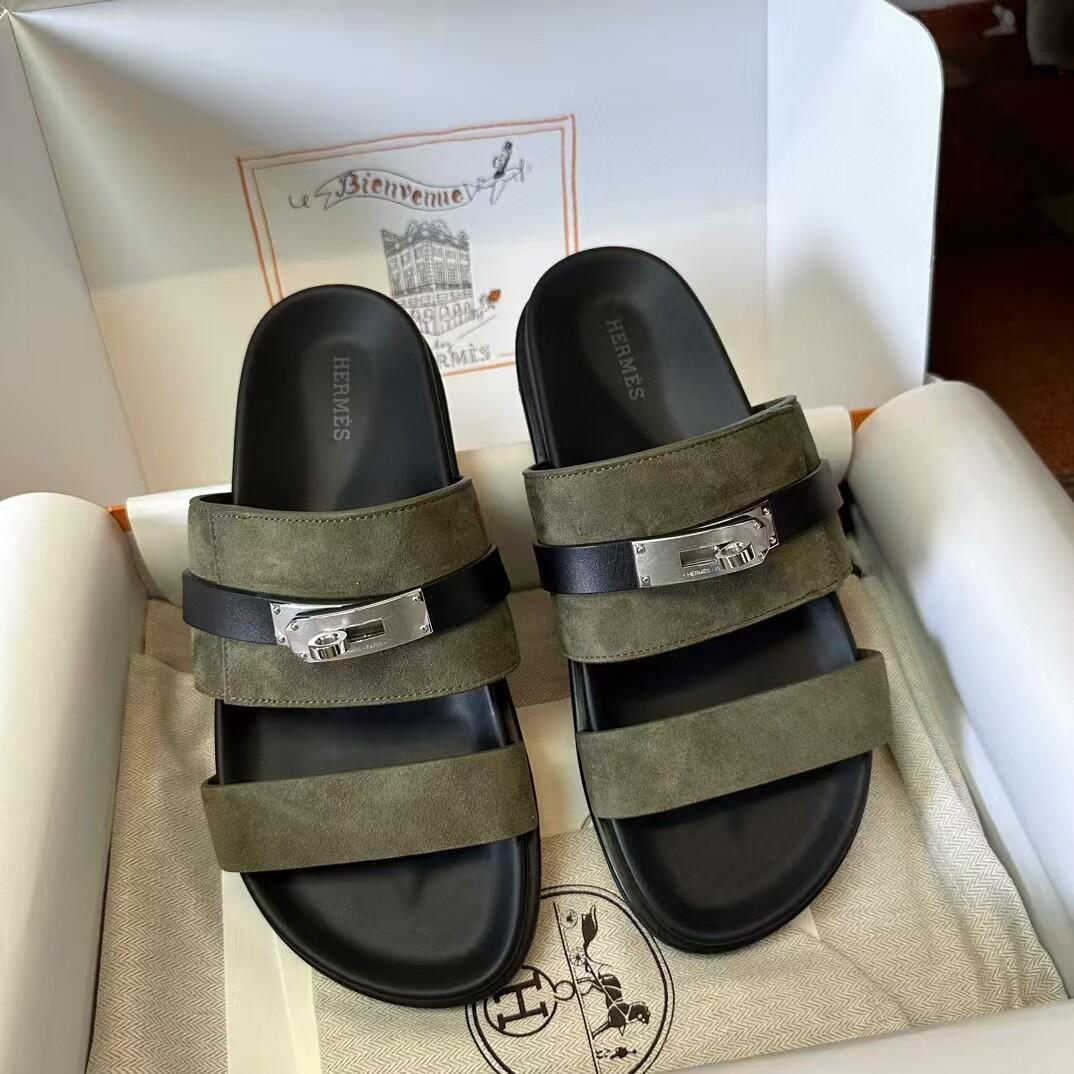 Hermès Olive Suede Triple-Strap Slide Sandals