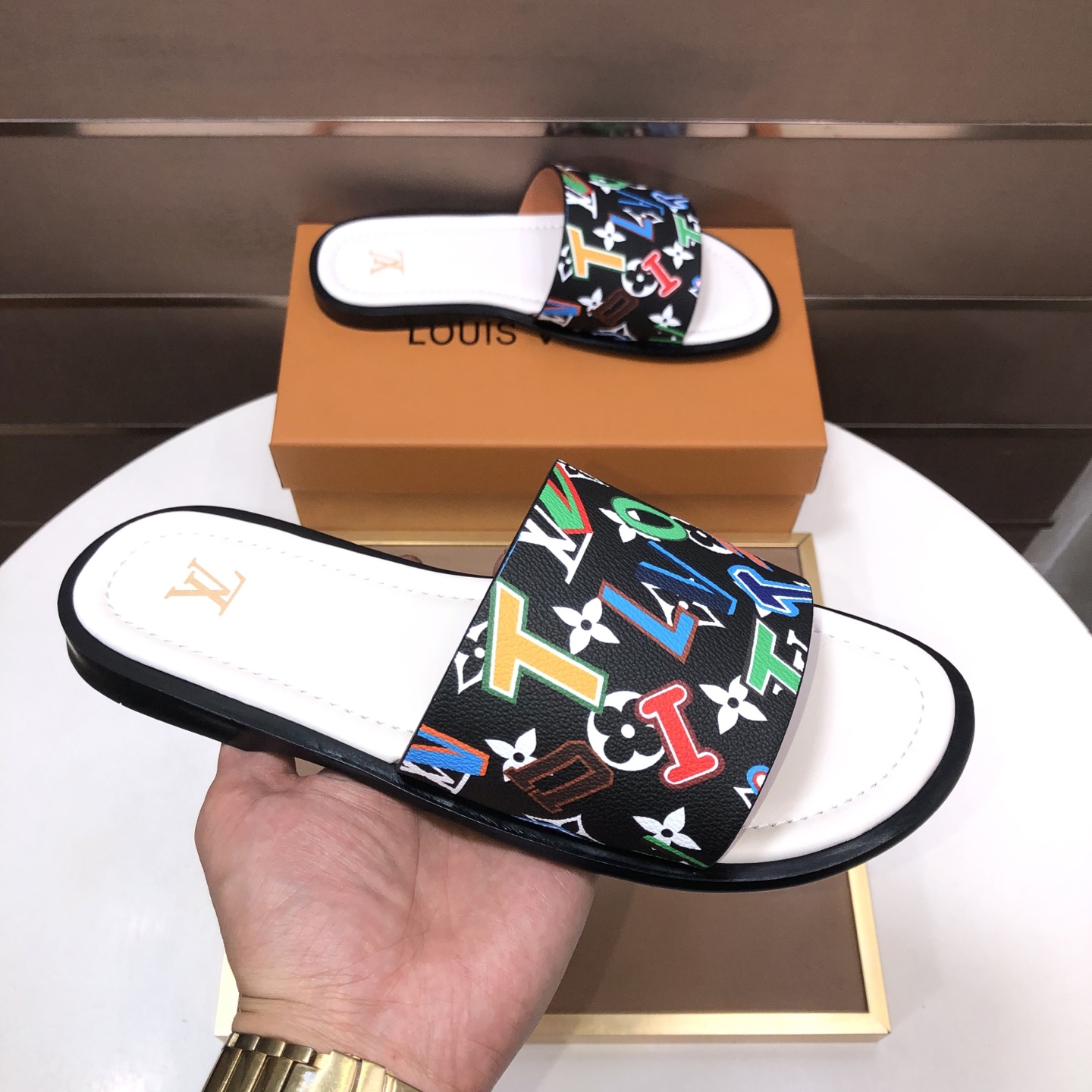 LV Multicolor Letter Black Slide Sandals