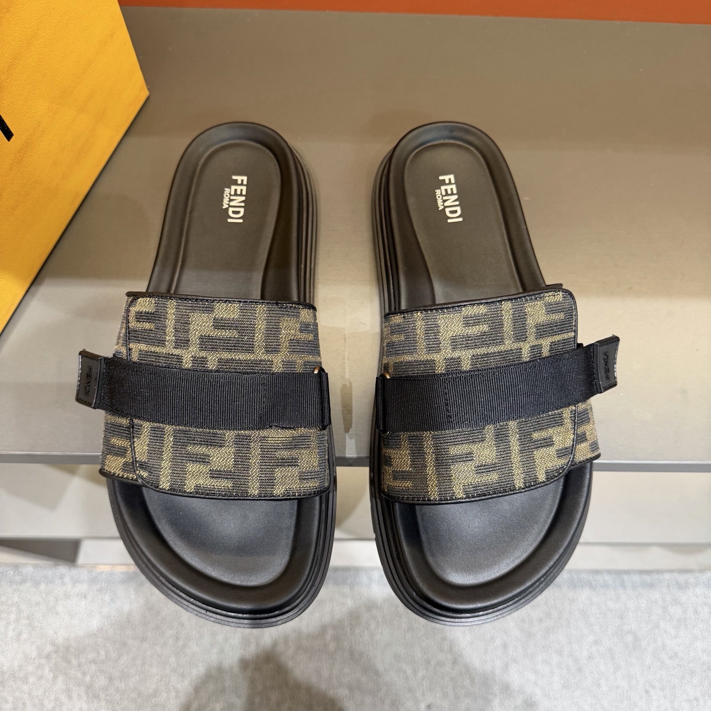 FENDI Brown Monogram Strap Slide Sandals