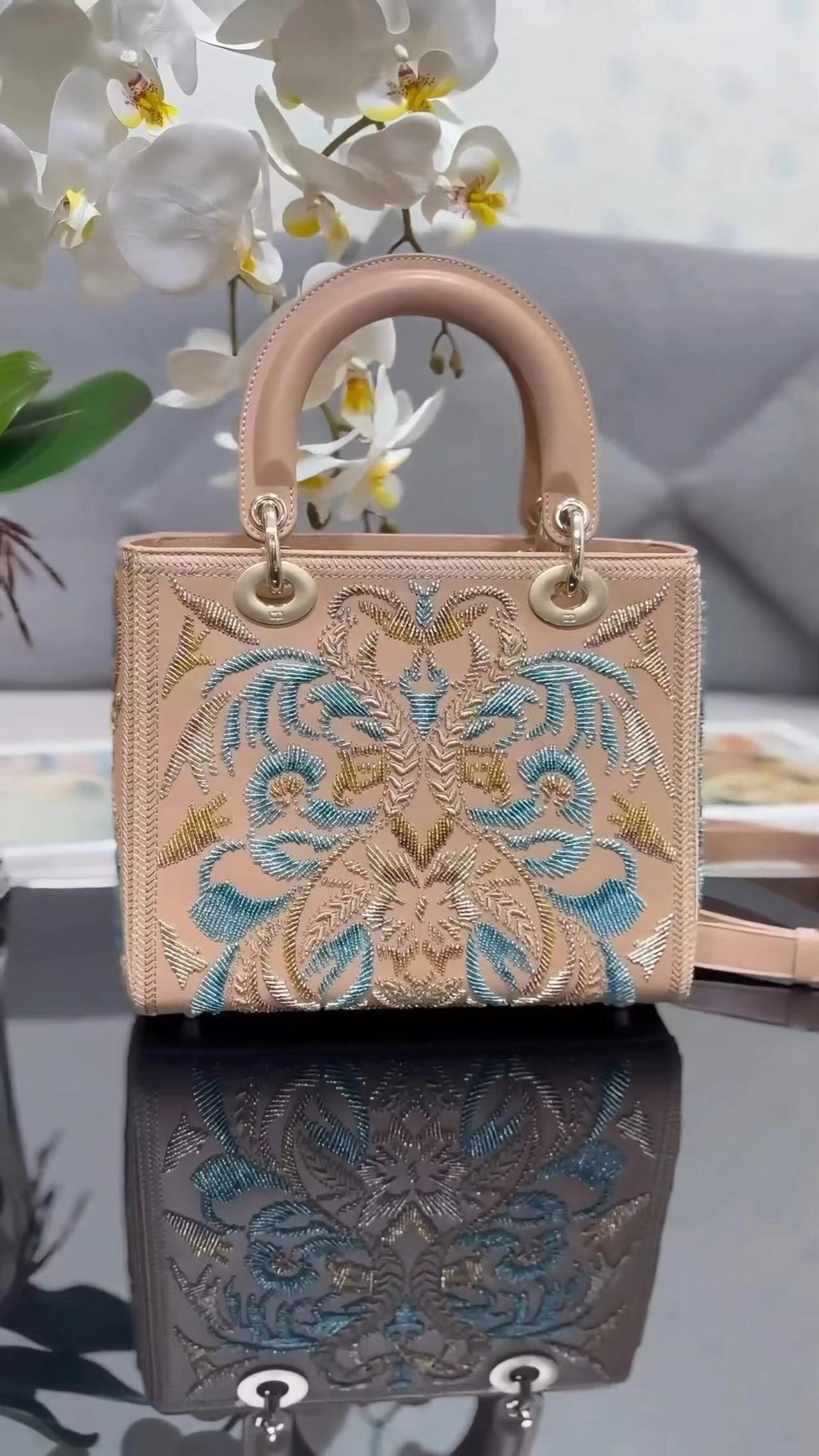 CD Embroidered Mini Top-Handle Bag