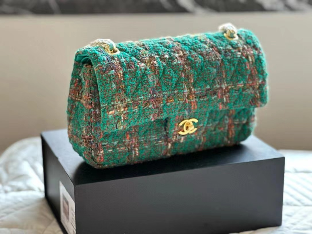 Green Multicolor Tweed Flap Shoulder Bag