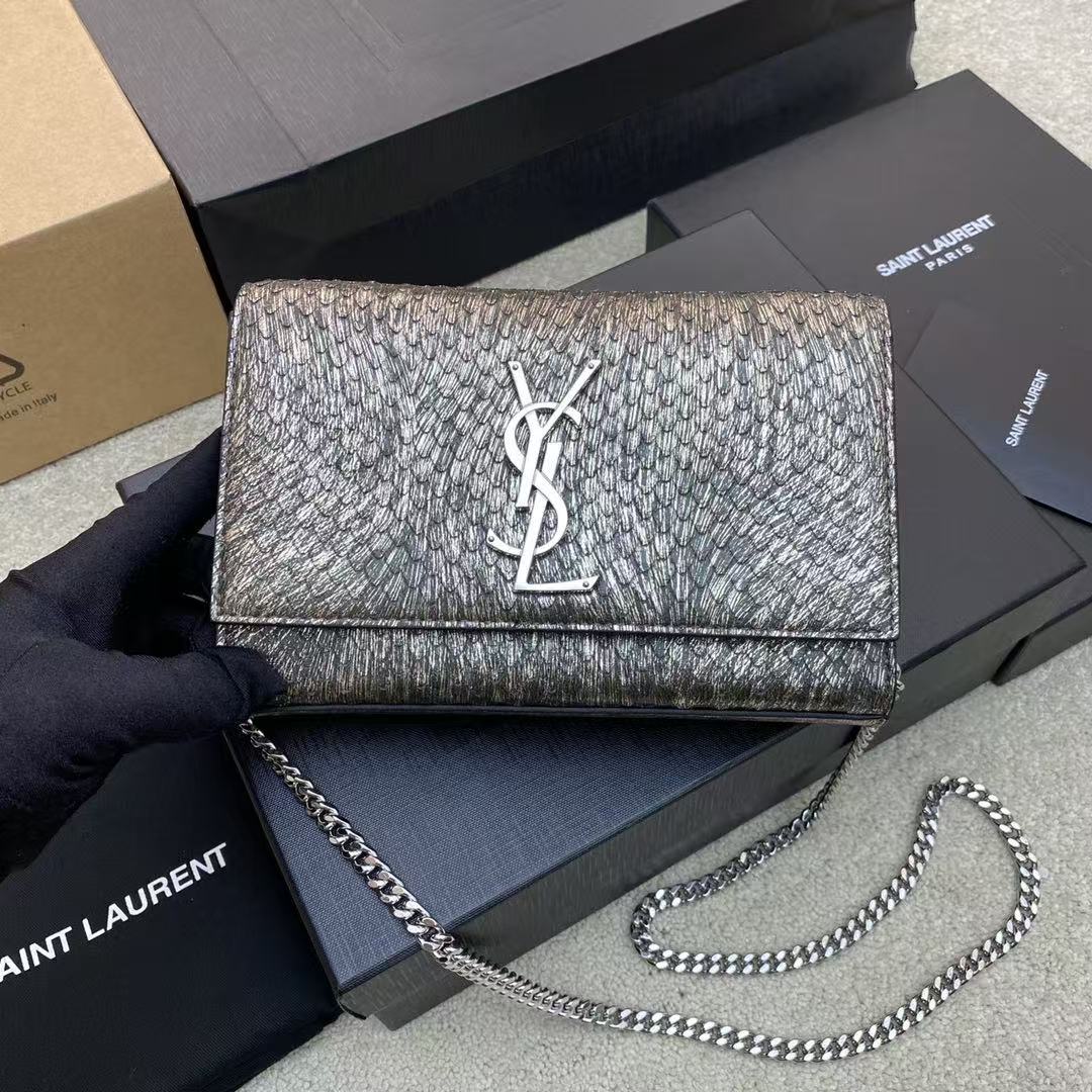 Saint Laurent YSL Metallic Textured Chain Shoulder Bag with Silver-Tone Hardware