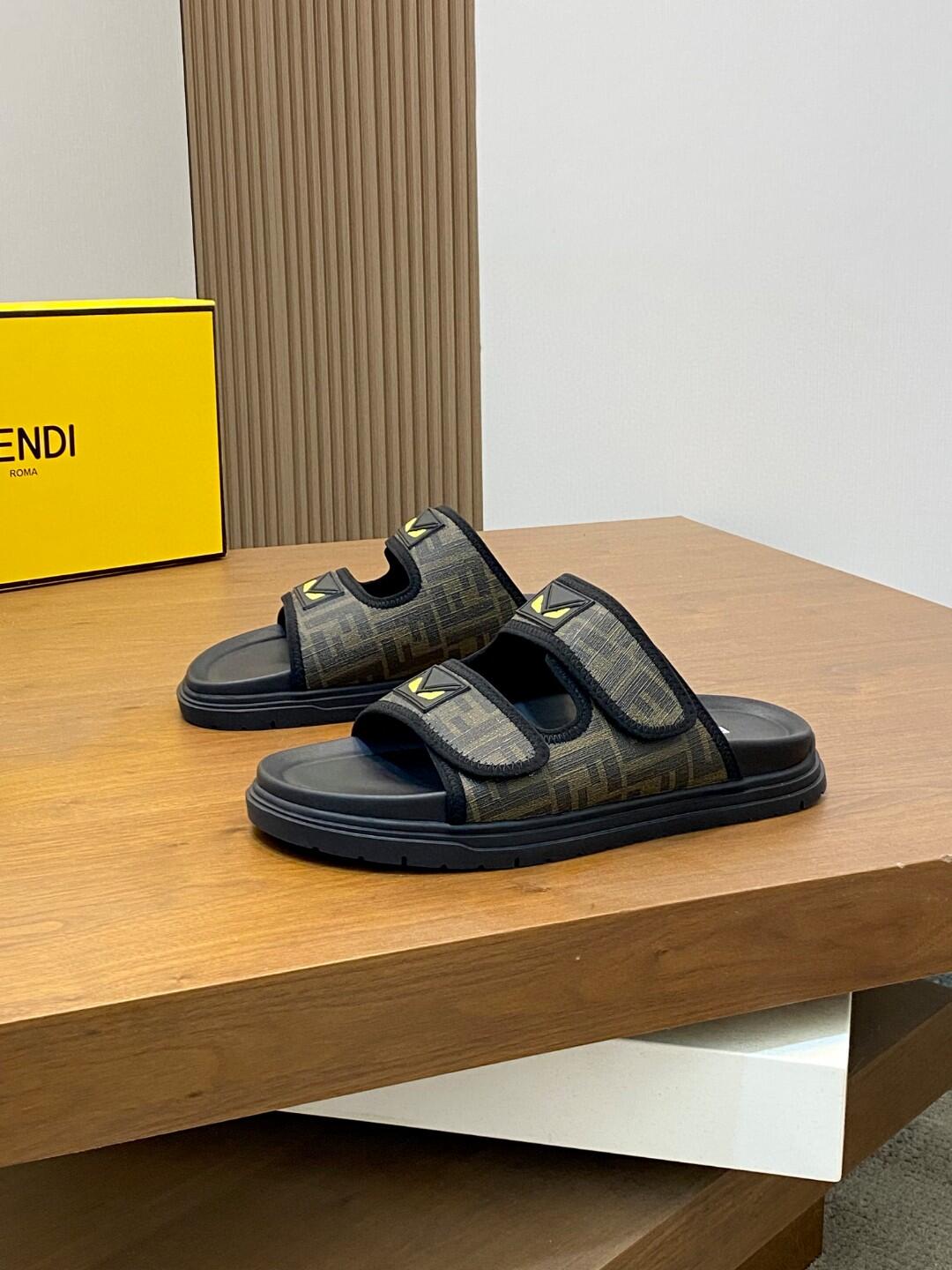 FENDI Brown Monogram Logo-Patch Slide Sandals
