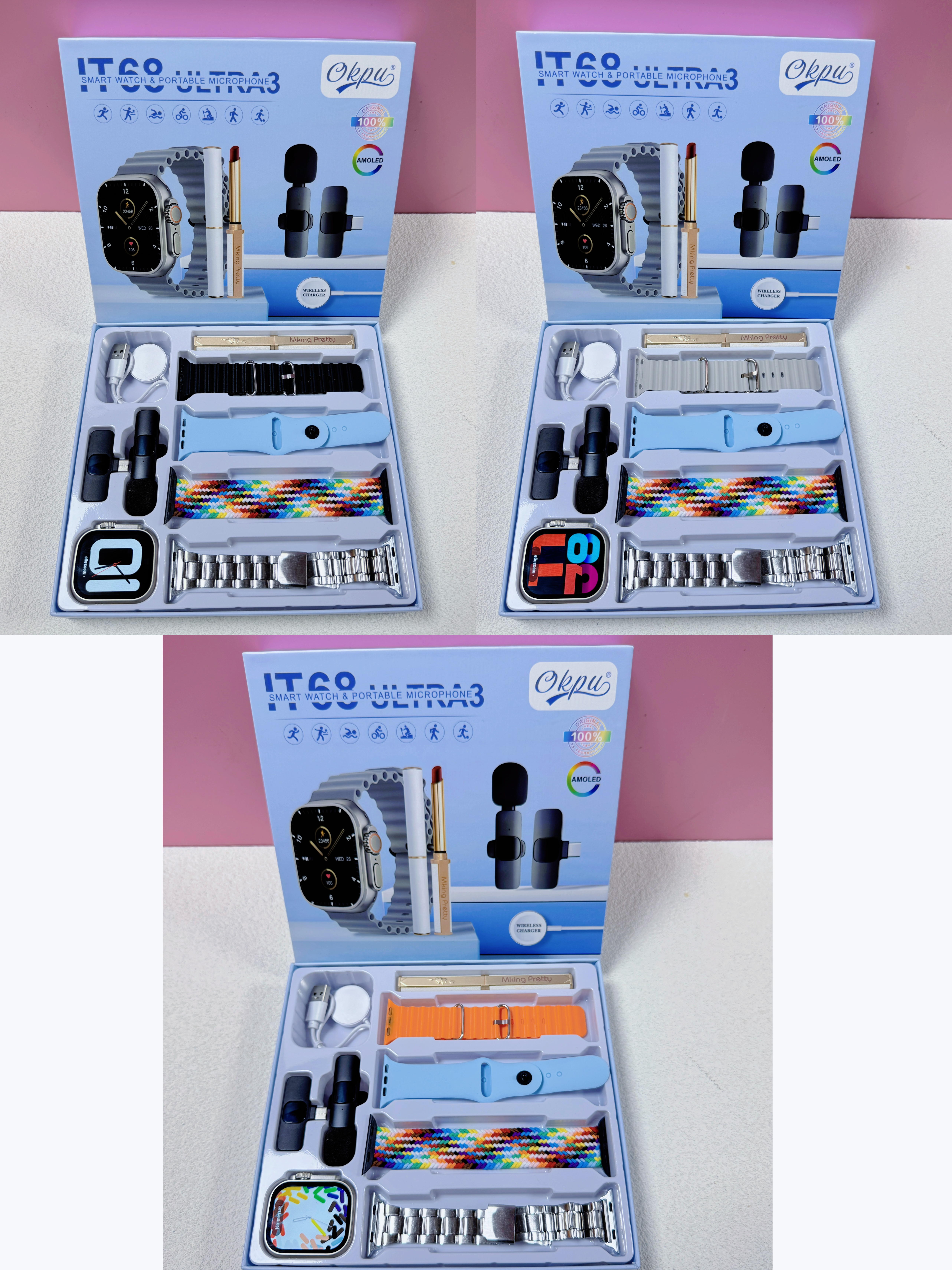 Okpu IT-68 Ultra 3 Smartwatch and Portable Microphone Set - Silver