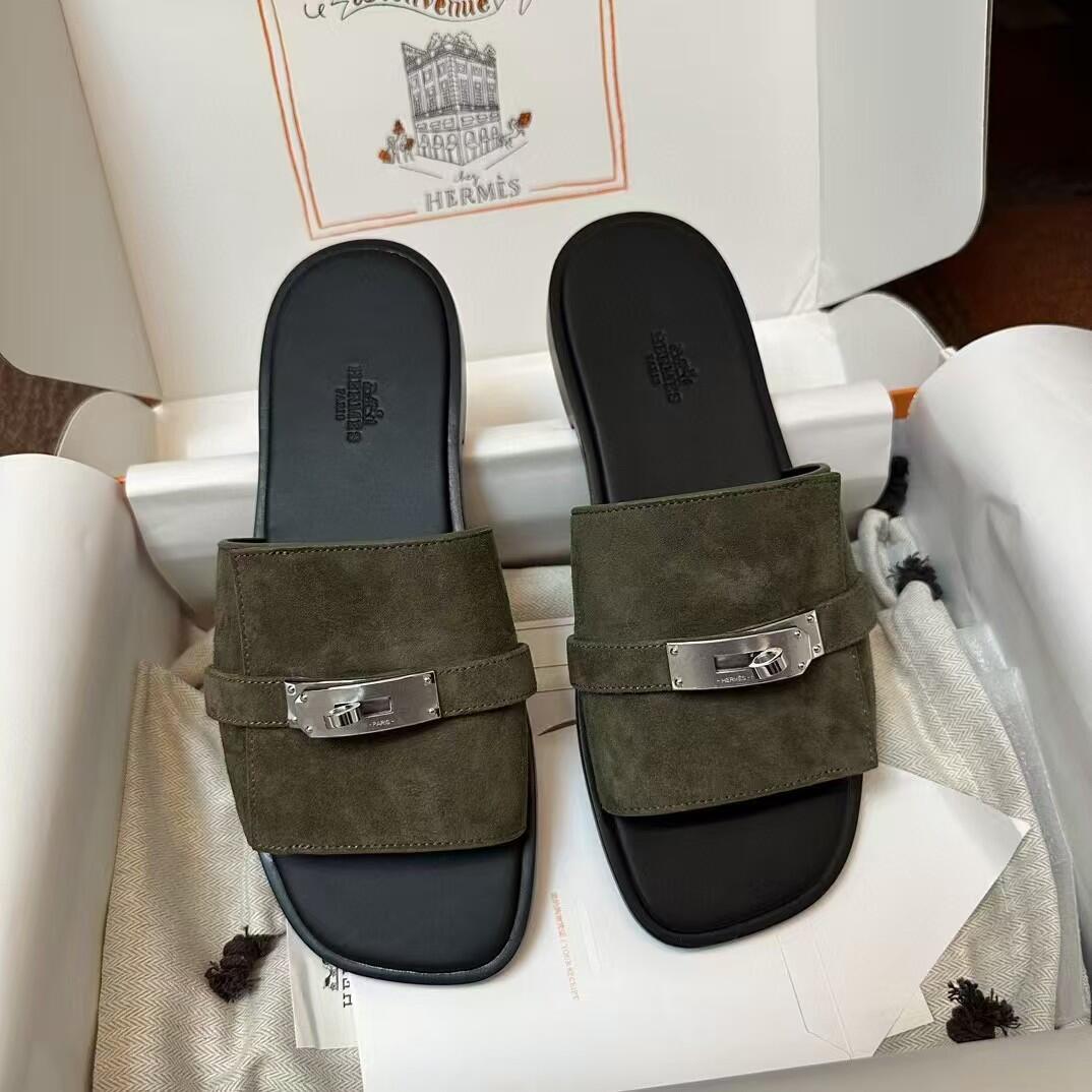 Hermès Olive Suede Slide Sandals