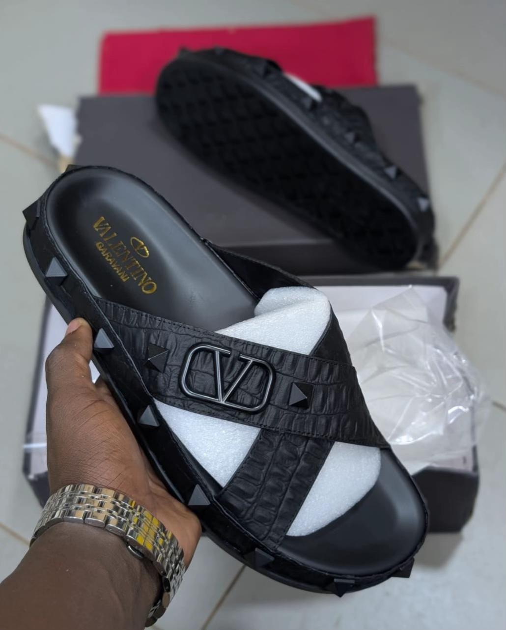 VALENTINO Garavani Black Crossover Slide Sandals