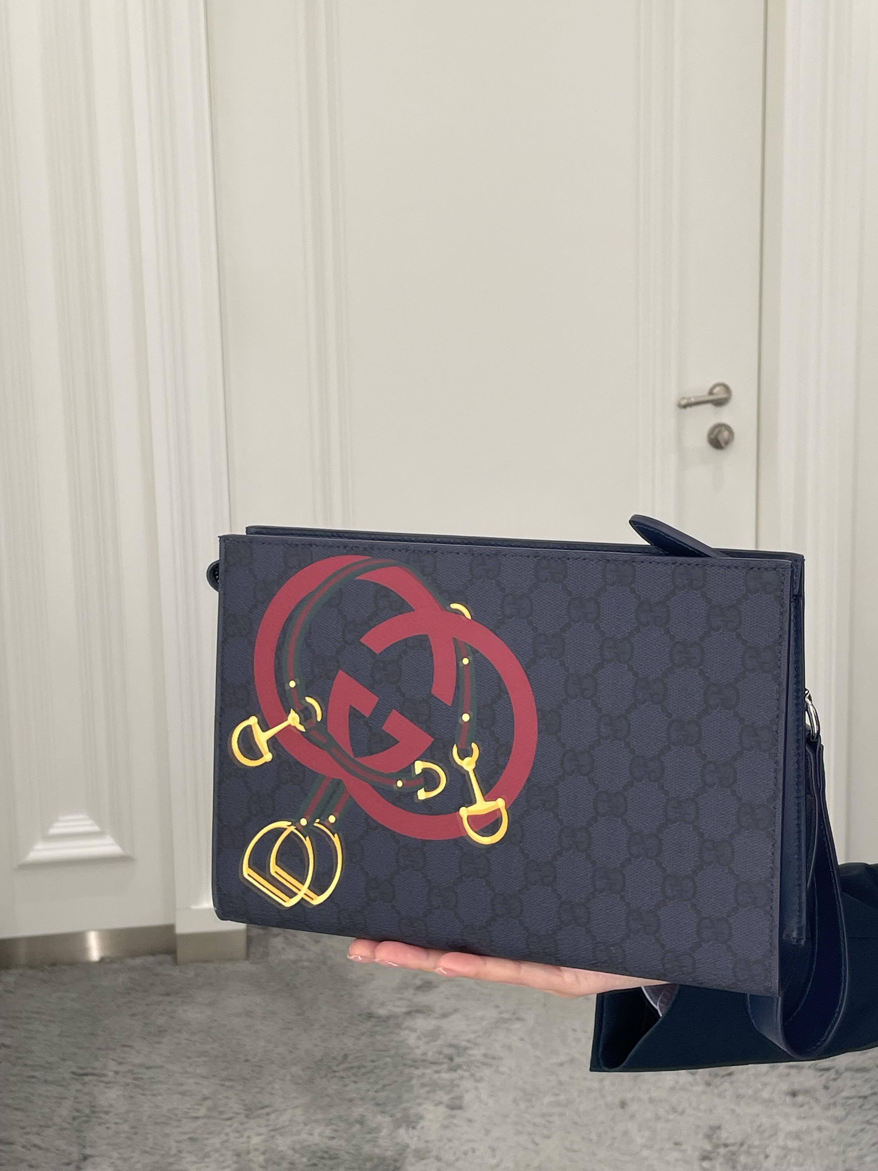 Gucci Navy GG Horsebit Graphic Wristlet Clutch