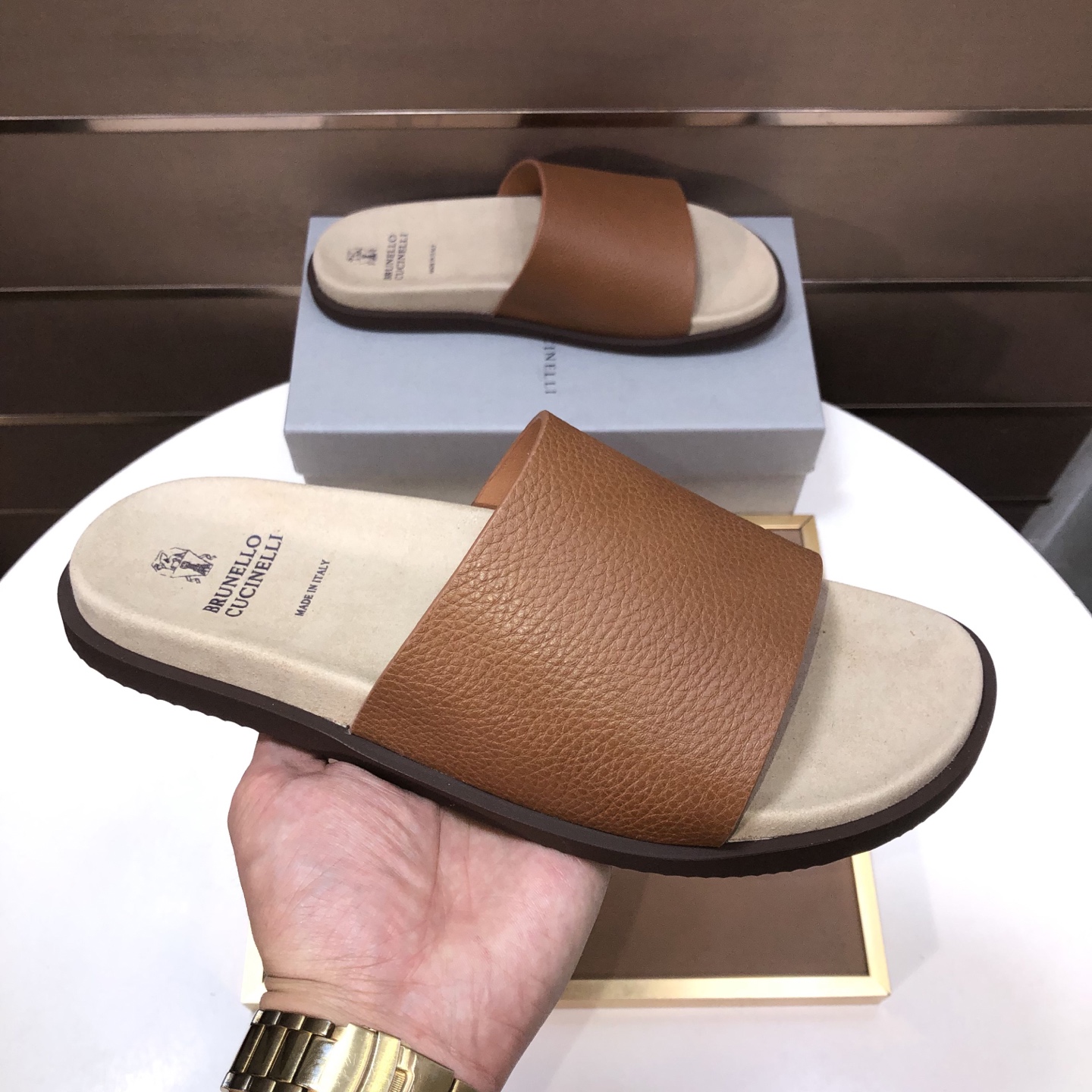 Brunello Cucinelli Wide-Band Slide Sandals