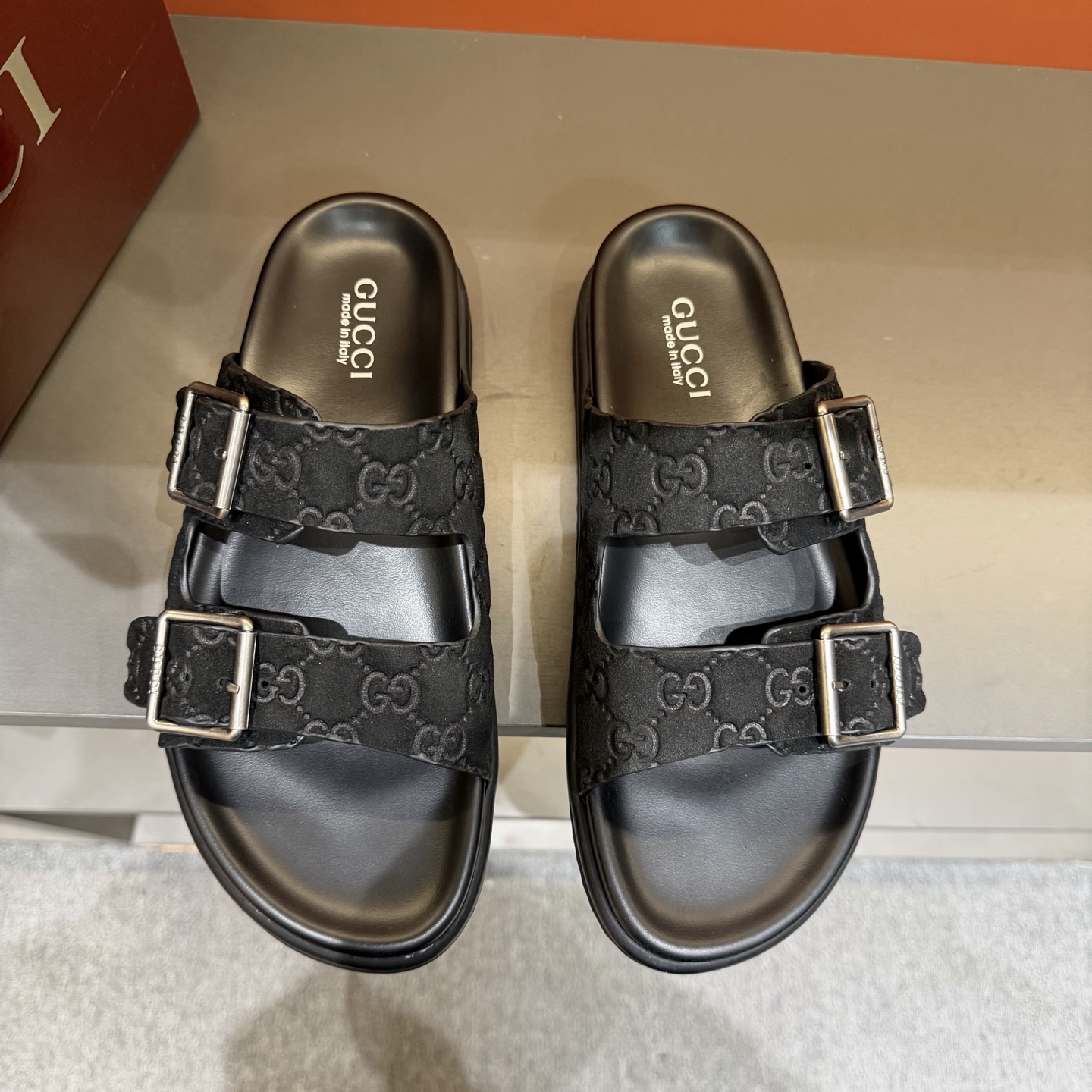 GUCCI Monogram Double-Buckle Slide Sandals