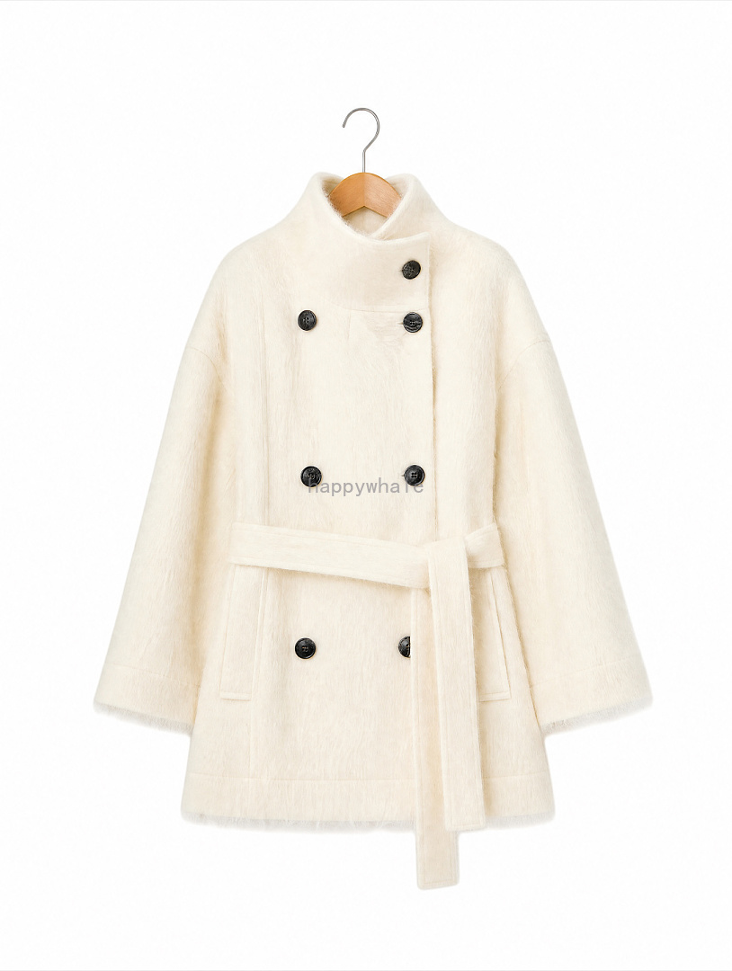 Ivory Double-Breasted Belted Coat