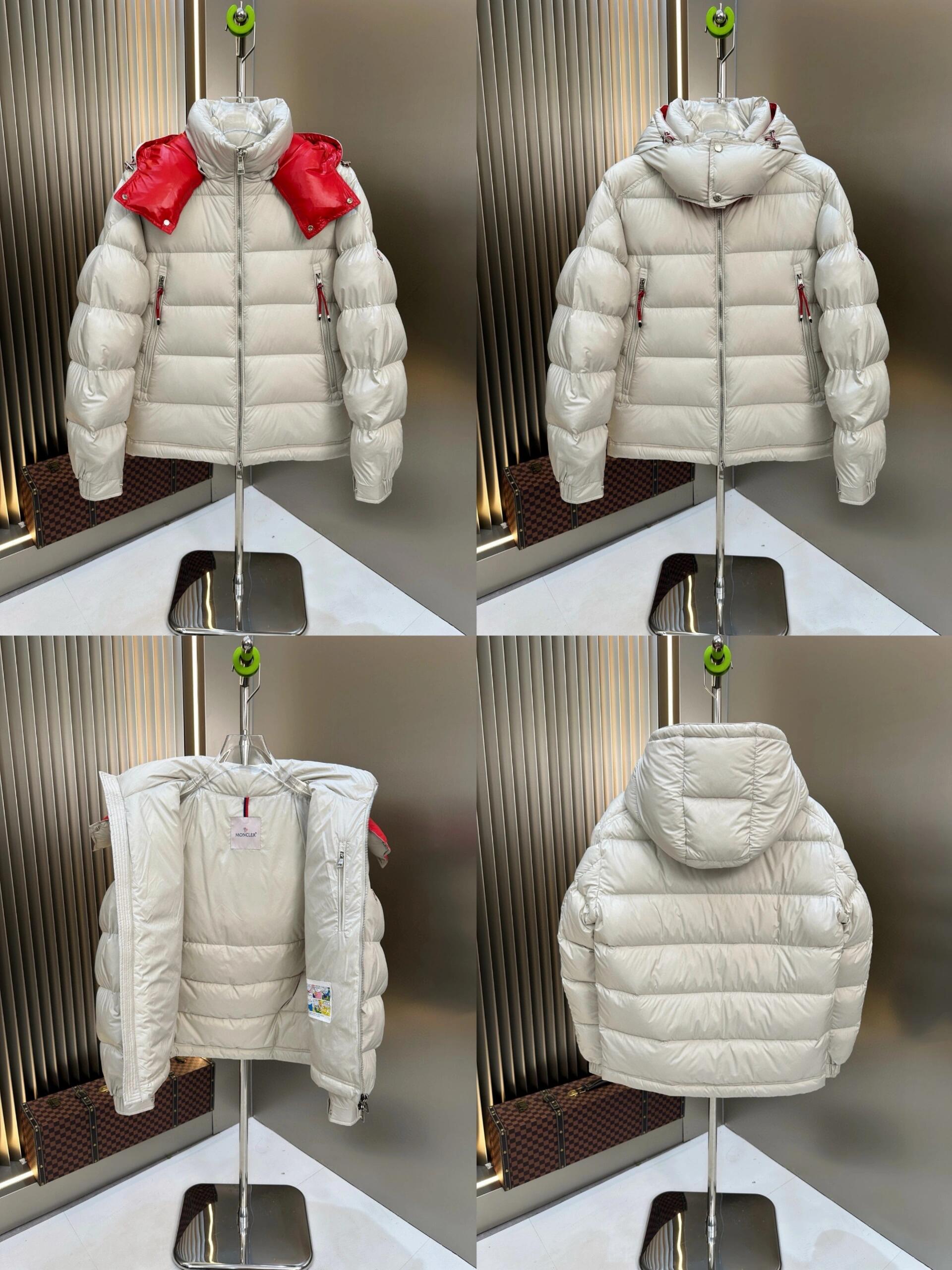 Moncler White Puffer Jacket with Red Hood