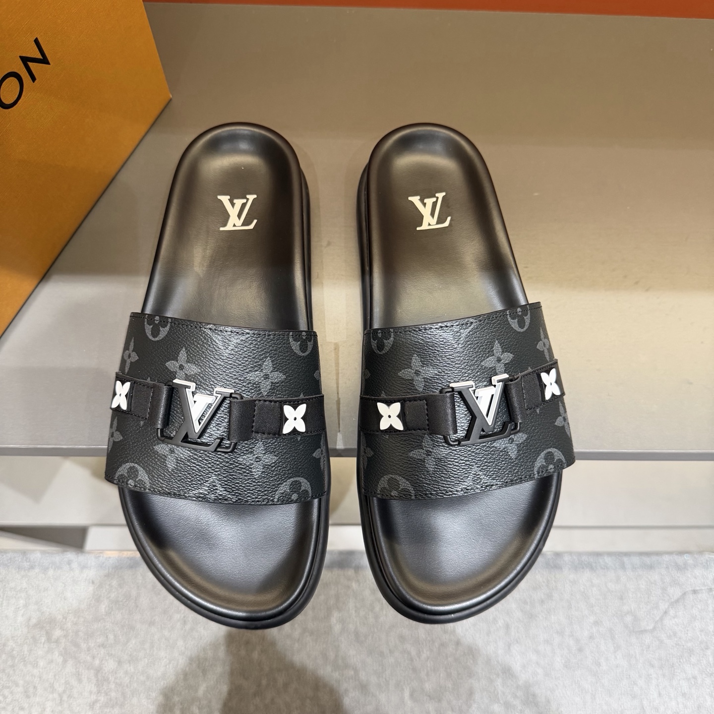 LV Monogram Buckle Slide Sandals