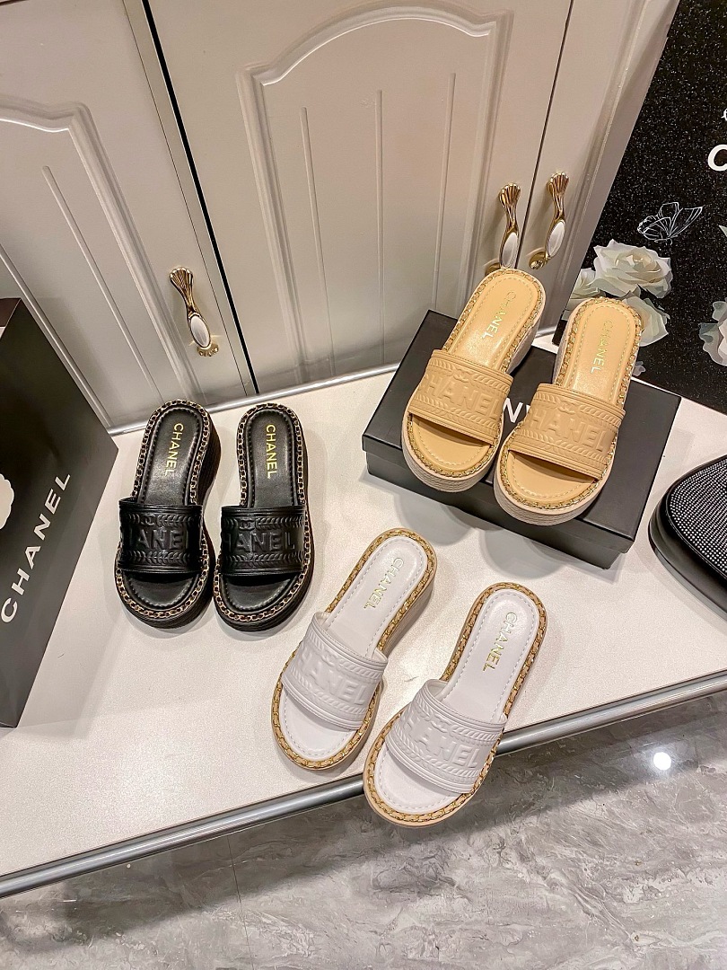 Chanel Embossed Platform Slide Sandals