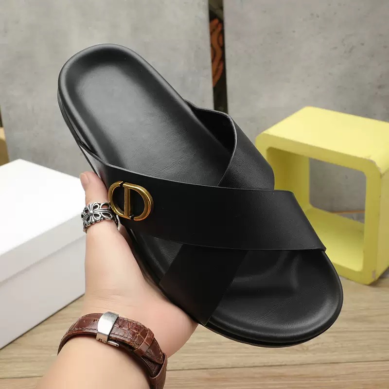 Black Crossover Slide Sandals with Gold Emblem
