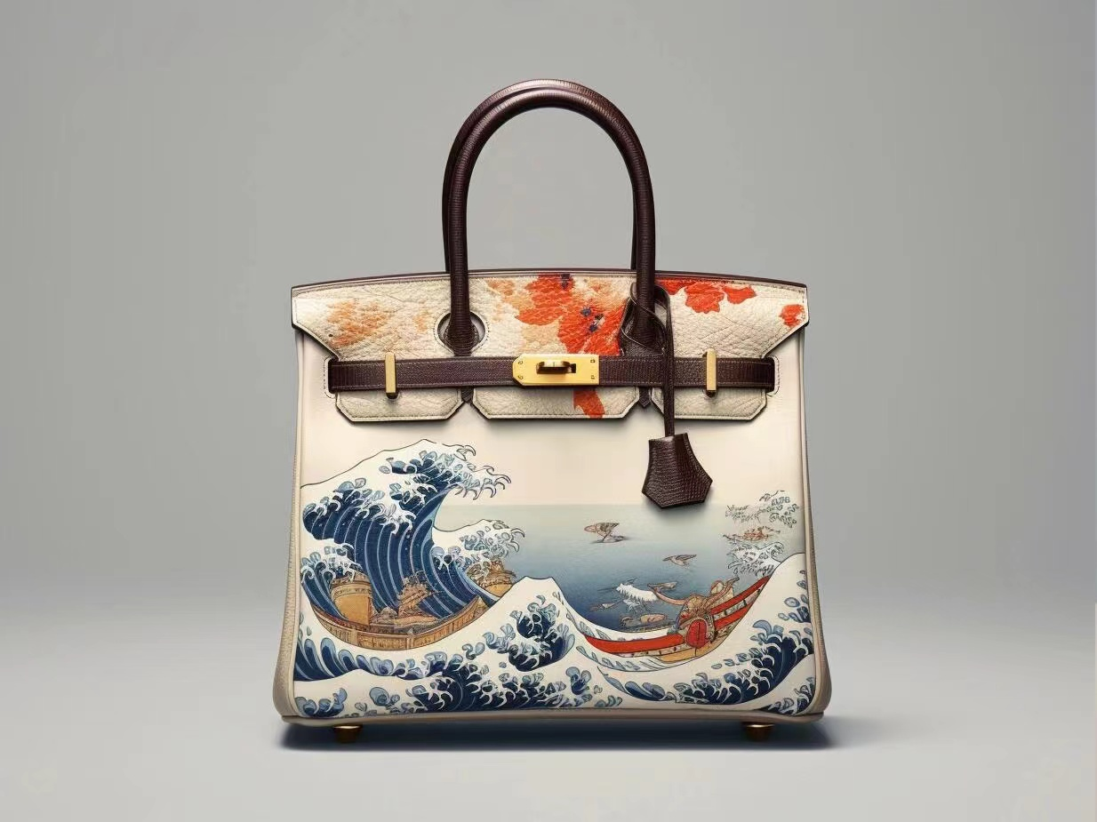 Japanese Wave Print Top-Handle Handbag